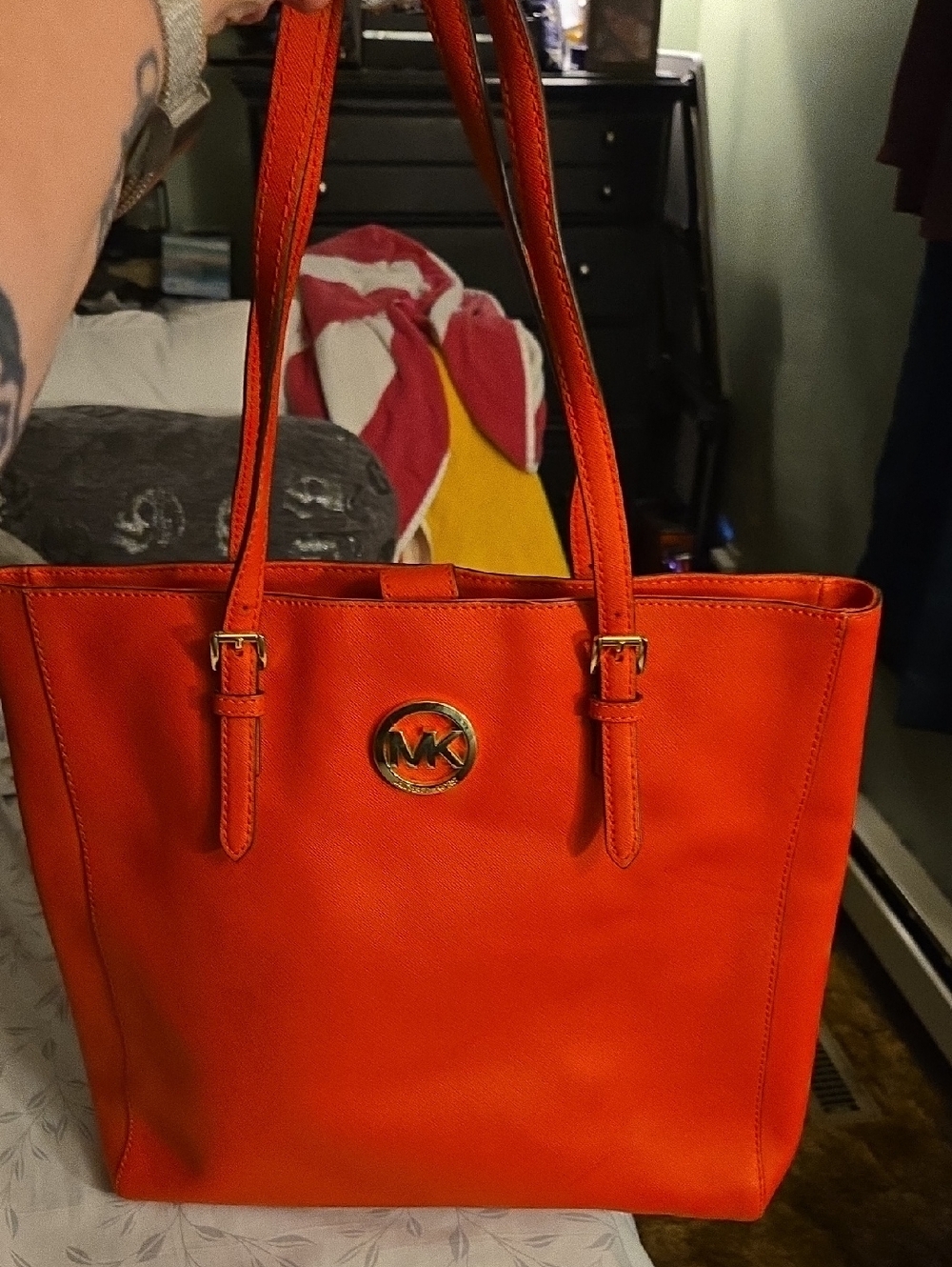 Michael Kors Bright Red Orange Leather Tote with Gold MK Emblem
